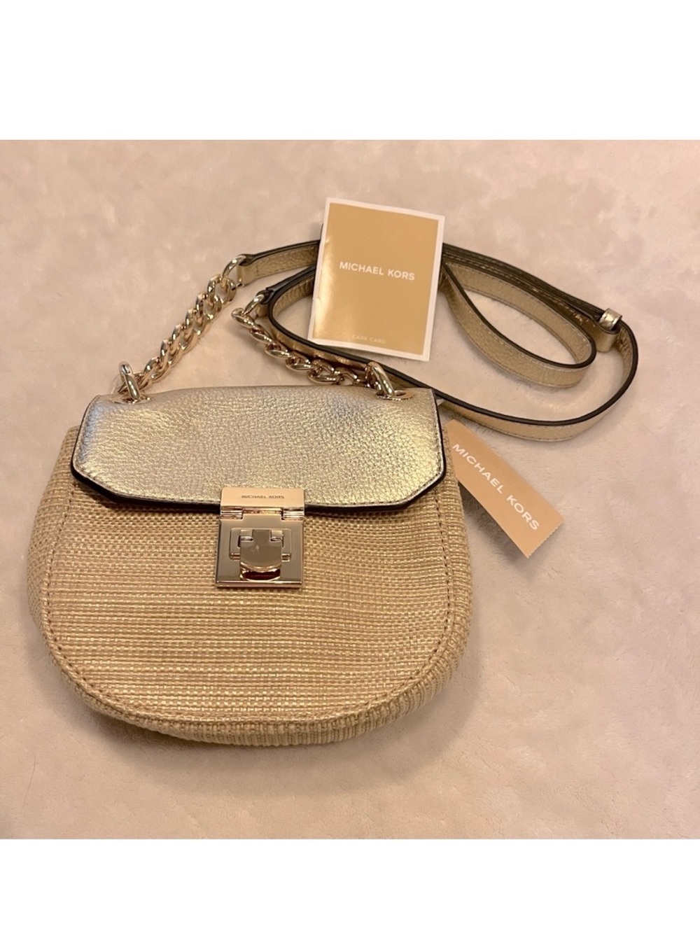 NWT MICHAEL Michael Kors Cecelia Mini Saddle Bag-Pale Gold Leather